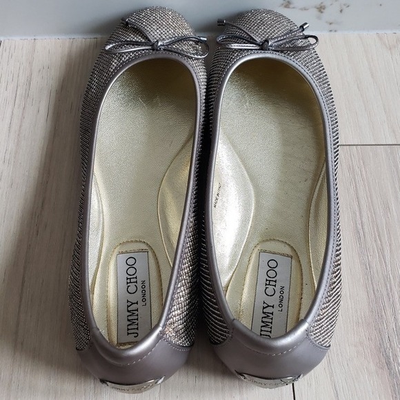 Jimmy Choo London Ballet Flats Womens 38 Metallic Sparkle Bow Made in Italy - Picture 9 of 12